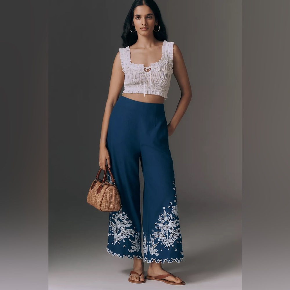 FARM Rio Linen Blend Crochet Flower Pants Blue and White Embroidery Pants - Picture 2 of 5